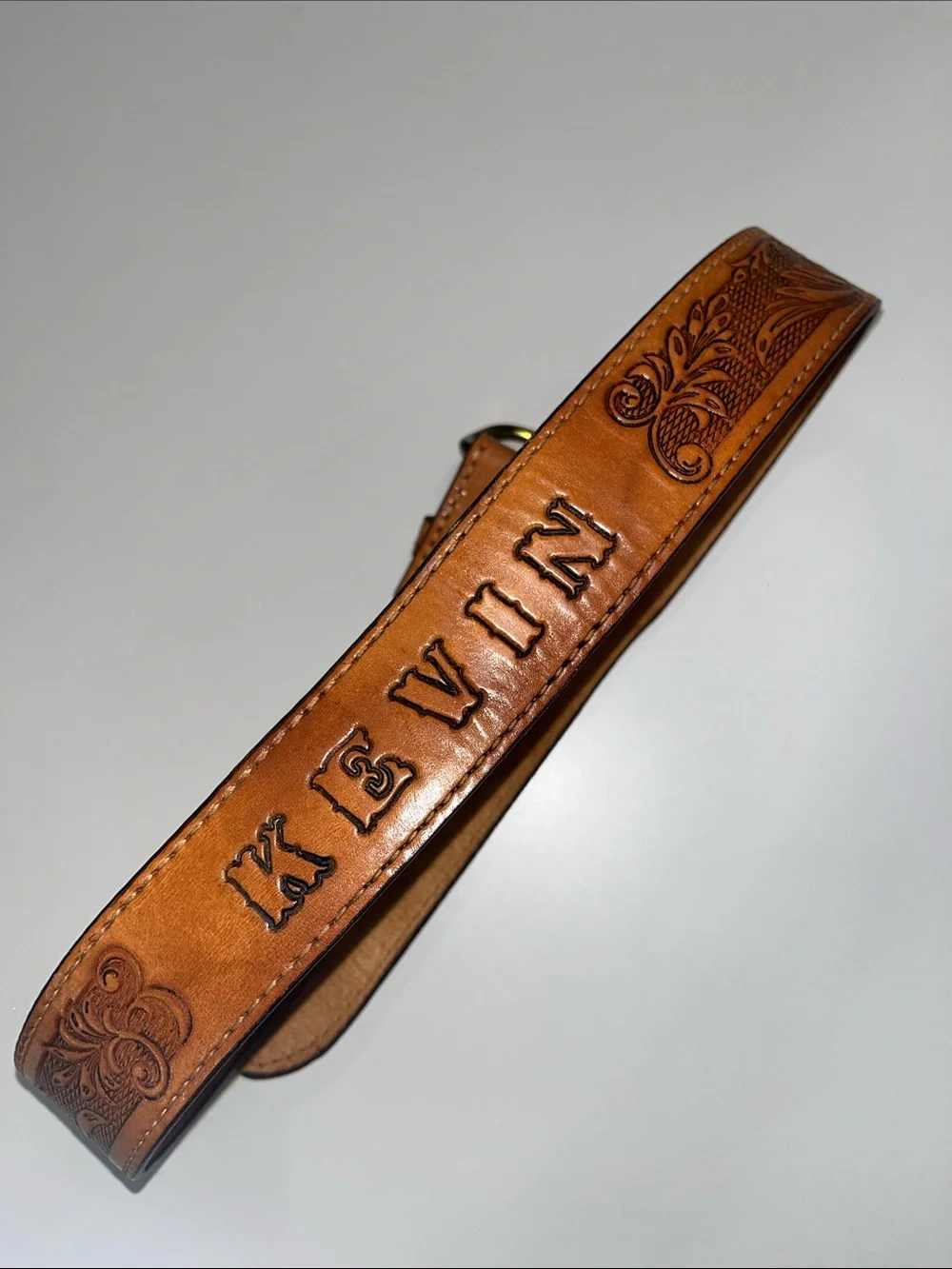 Source Unknown Tan Leather Belt with Embossed 'KEVIN' w/ Brass Buckle